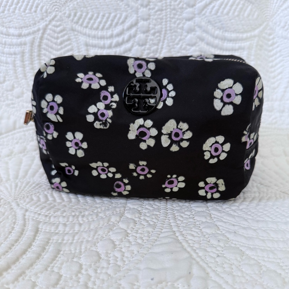 Tory Burch Brigitte Cosmetic Travel Case Makeup Pouch Nylon Bag Stamped Floral